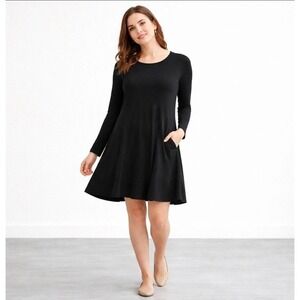 Betabrand Tunic Dress Women S Black Silk Blend Swing pocket Minimalist Travel